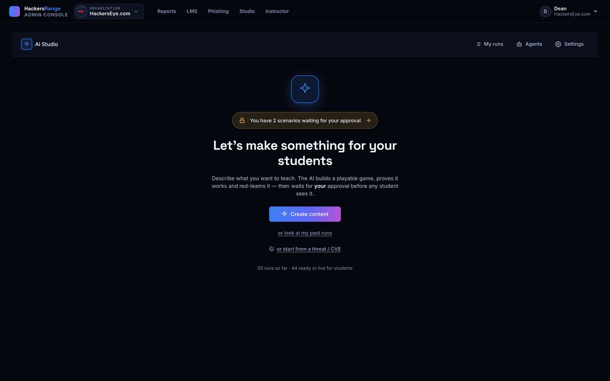 HackersRange — AI Studio: describe it, the AI builds and red-teams it