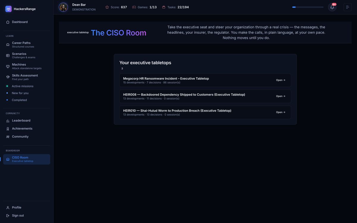 HackersRange — the CISO Room: executive crisis tabletops