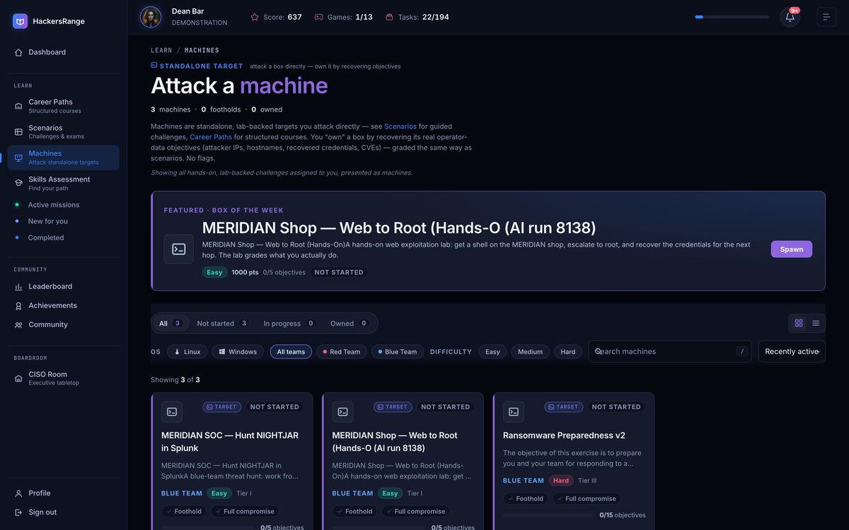 HackersRange — attack a machine: standalone lab-backed targets
